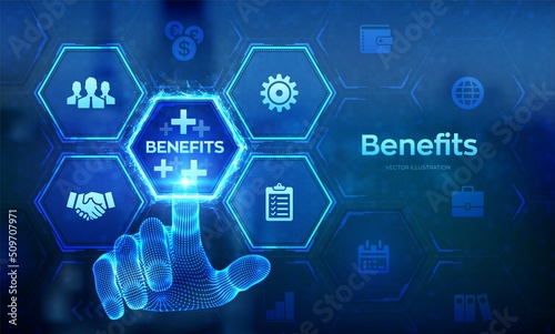 Employee benefits help to get the best human resources concept on virtual screen. Business for Profit, Benefit, health insurance. Wireframe hand touching digital interface. Vector illustration.