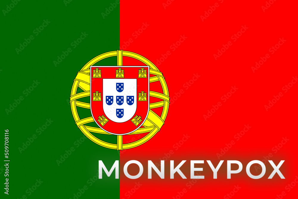 Monkeypox virus. Portugal flag background. Outbreak concept. Virus transmitted to humans from animals. Monkeys may harbor virus and infect people. New pandemic. Pox. Pain. Warning. Molecular Epidemic Monkeypox virus. Portugal flag background. Outbreak concept. Virus transmitted to humans from animals. Monkeys may harbor virus and infect people. New pandemic. Pox. Pain. Warning. Molecular Epidemic
