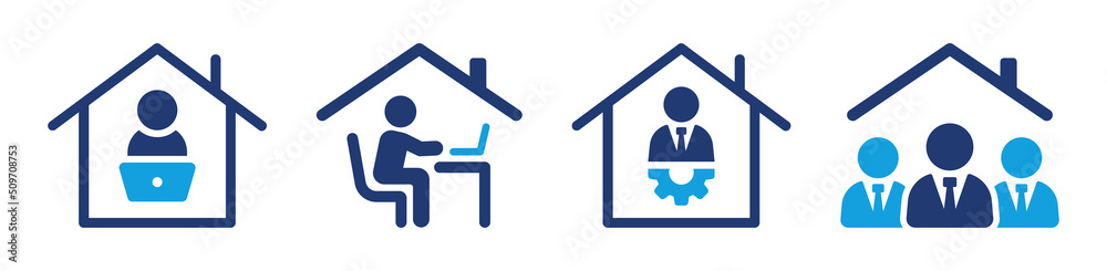Work at home vector icon set. Remote job for employee or freelance in a house office symbol. Work at home vector icon set. Remote job for employee or freelance in a house office symbol.