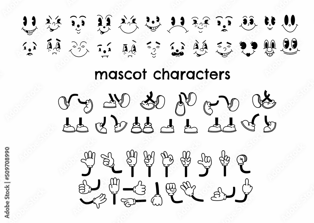 Vintage 50s cartoon and comic happy facial expressions. feet in shoes and walking leg poses set. Retro quirky characters smile emoji set. Cute avatars with big eyes, cheeks and mouth	
 - obrazy, fototapety, plakaty 