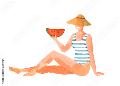 Woman on the beach. Watercolor illustration on white background