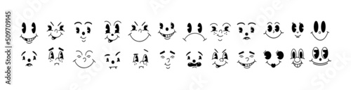 Vintage 50s cartoon and comic happy facial expressions. Old animation funny face caricatures. Retro quirky characters smile emoji set. Cute avatars with big eyes, cheeks and mouth