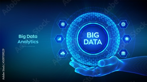 Big data analytics. Big data innovation technology concept. Blockchain network analysis. Artificial intelligence. Hexagonal grid sphere in wireframe hand on blue background. Vector illustration.