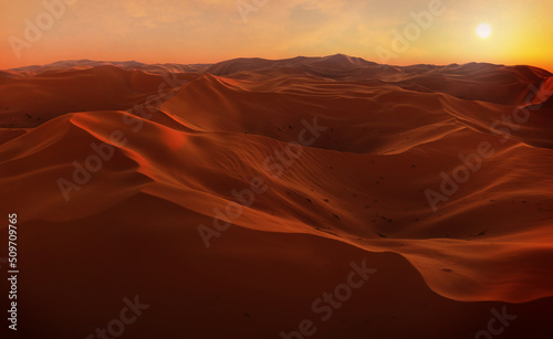 Fotografia Sand dunes Sahara Desert at sunset