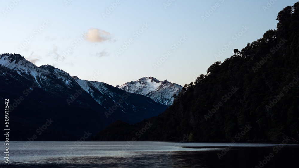 Mountain hills of the snowy Andes mountain range. Los Alerces National Park