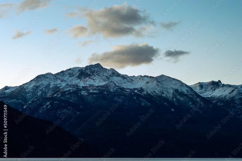 Mountain hills of the snowy Andes mountain range. Los Alerces National Park