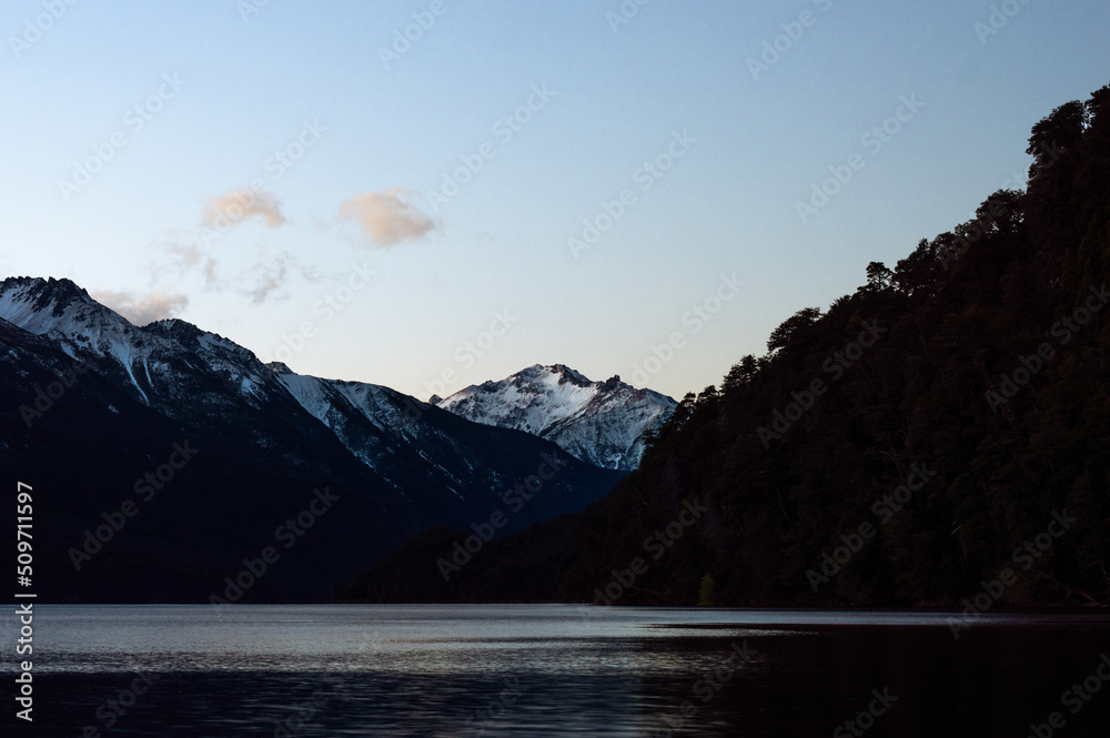 Mountain hills of the snowy Andes mountain range. Los Alerces National Park