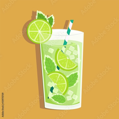 A glass of mojito and lime cocktail. Vector illustration isolated on orange background. Fresh summer drink with ice.