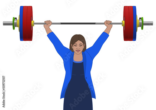 businesswoman weightlifting, lifting a weighted barbell over the head, isolated on white background