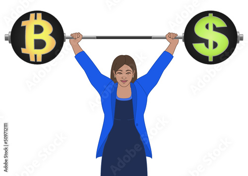 businesswoman weightlifting, holding up the weight currency investment, dollars or bitcoin, isolated on white background