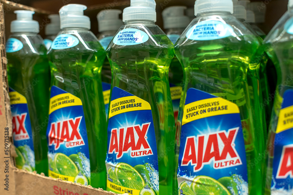 Ajax dishwashing liquid for sale at a supermarket. Stock Photo Adobe