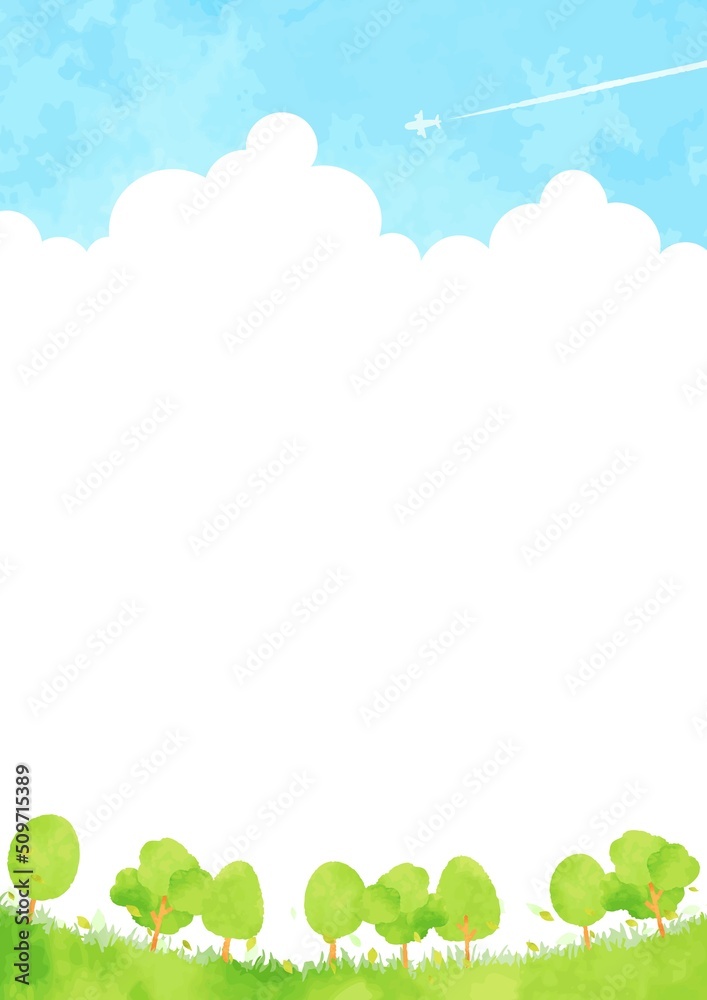 シンプルな手描きの木と青空の風景イラスト