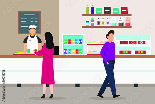 People buying food and beverages at a coffee shop or canteen 2d flat vector illustration concept for banner, website, illustration, landing page, flyer, etc.