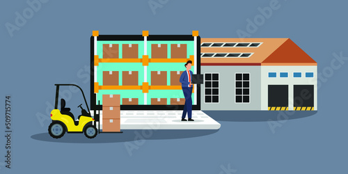 A warehouse with a box on a shelf and a man working on a laptop 2d flat vector illustration concept for banner, website, illustration, landing page, flyer, etc.