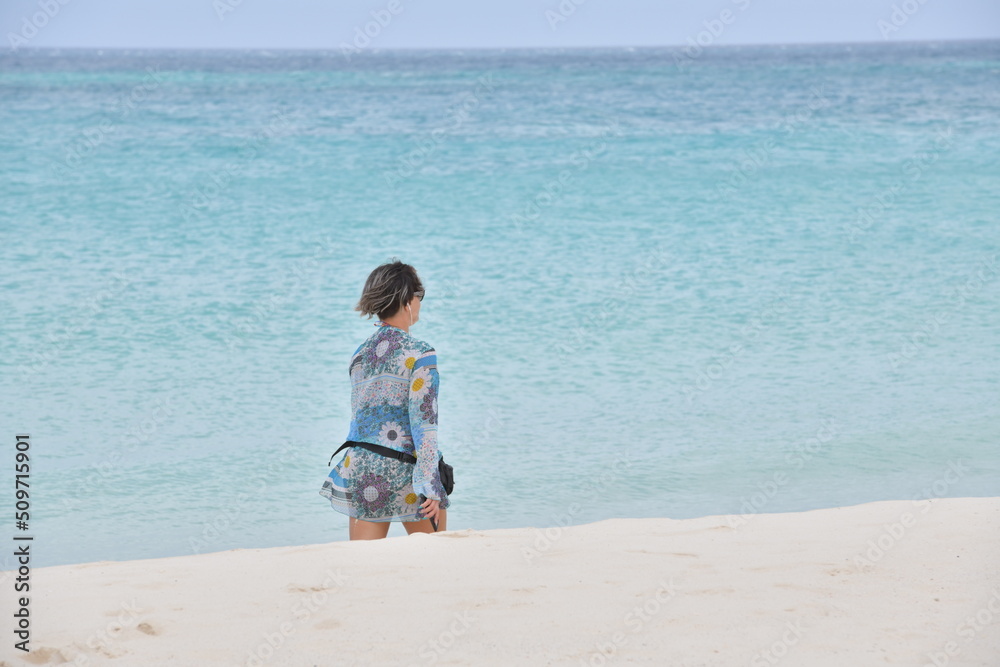 Woman walking down the shoreline Woman walking down the shoreline