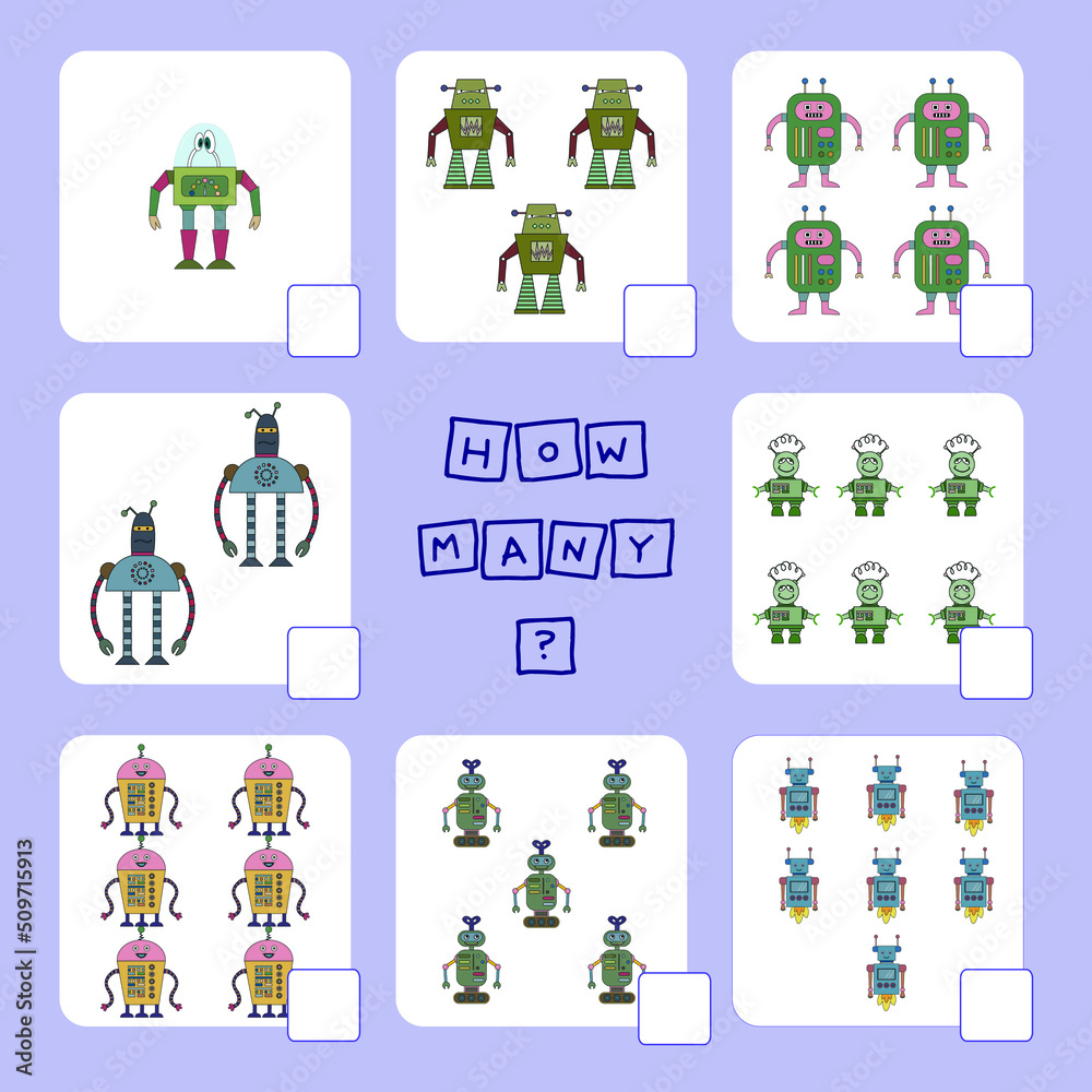 How many counting game with robots. Worksheet for preschool kids, kids activity sheet, printable worksheet How many counting game with robots. Worksheet for preschool kids, kids activity sheet, printable worksheet