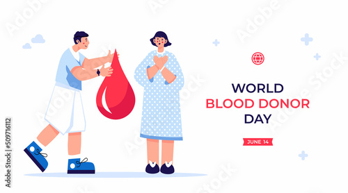 World Blood Donor Day on June 14. Hemophilia and bleeding concept. Saviour man and happy patient. Giving big red drop. Preparing for Transfusion.