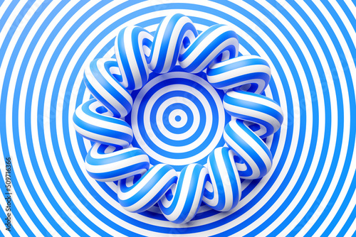 3D illustaration of a   white and blue   torus. Fantastic cell. Simple geometric shapes