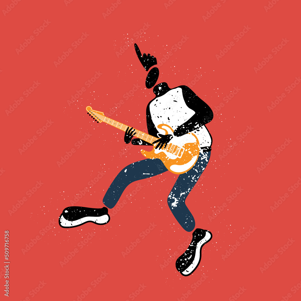Hand-drawn vector illustration of jumping man with guitar.Rockstar performance.Doodle style.Design for poster, print, card.