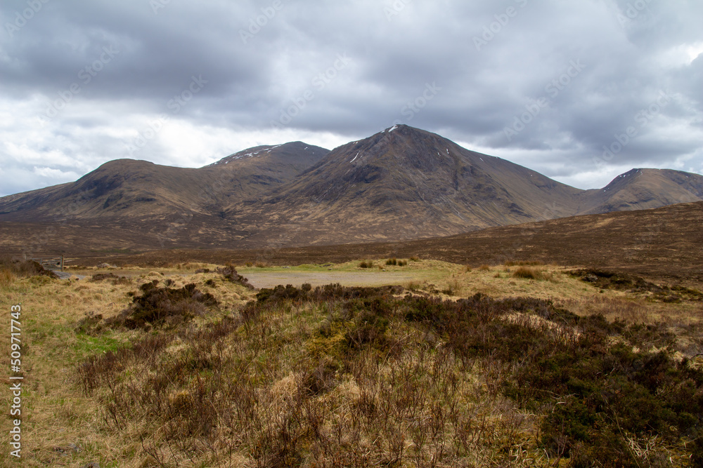 Scenic landscape view of the Scottish highlands in the western part of Scotland, with overcast sky