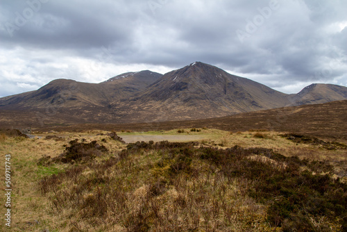 Scenic landscape view of the Scottish highlands in the western part of Scotland, with overcast sky