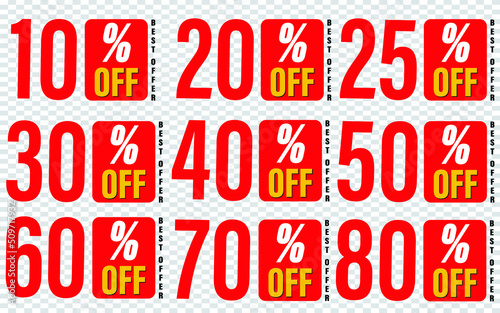 10,20,25,30,40,50,60,70,80 percentage off, Set of discounts to sale advertisement