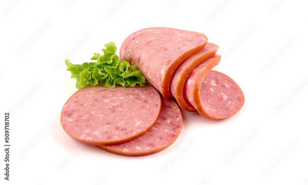 Smoked salami sausage with lettuce leaves isolated on white background. Smoked salami sausage with lettuce leaves isolated on white background.