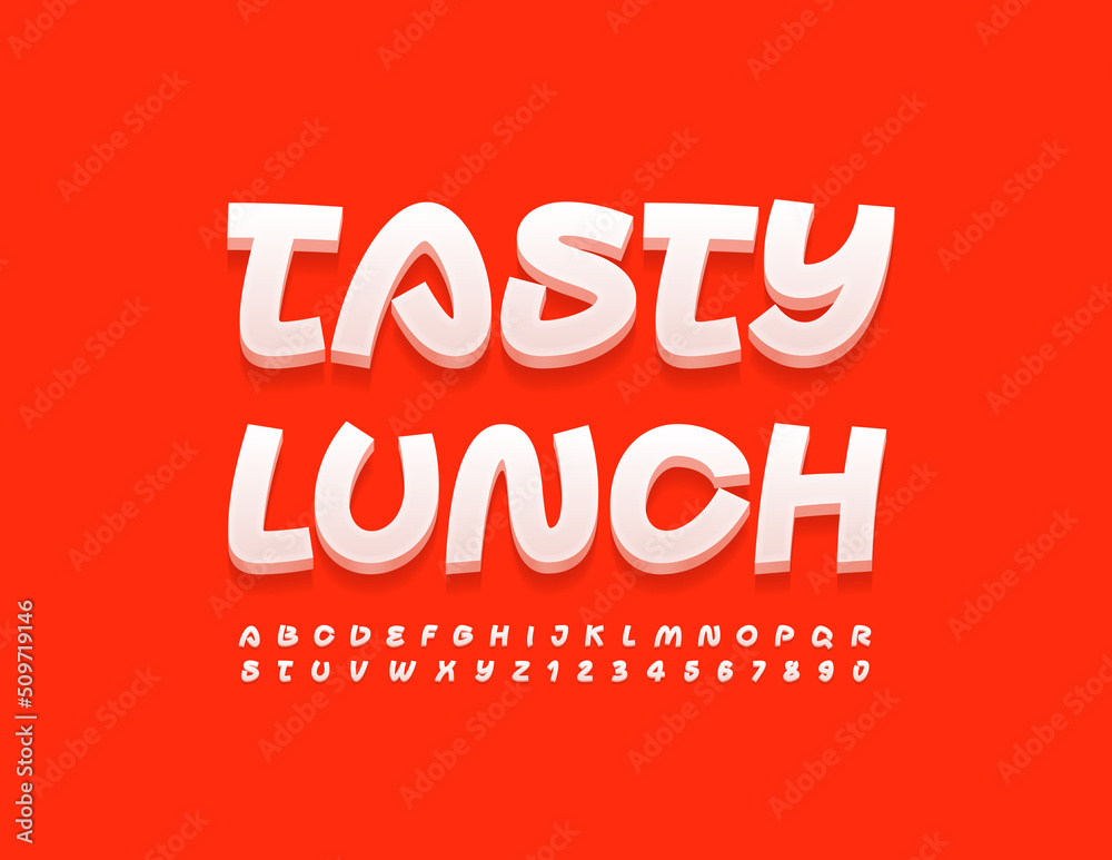 Vector marketing emblem Tasty Lunch with creative Font. Set of artistic Alphabet Letters and Numbers Vector marketing emblem Tasty Lunch with creative Font. Set of artistic Alphabet Letters and Numbers