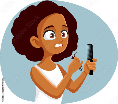 
Teen Girl Having Hair Loss Problems Vector Cartoon Drawing Illustration. Stressed young woman suffering from alopecia worried about losing her hair
