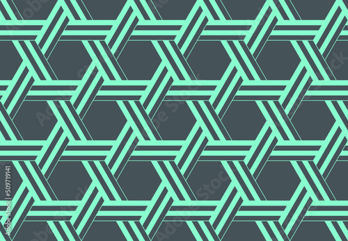 Repeating hexagon pattern surrounded by straight mint-green lines weaving over and under each other on a gray background. Geometric vector illustration
