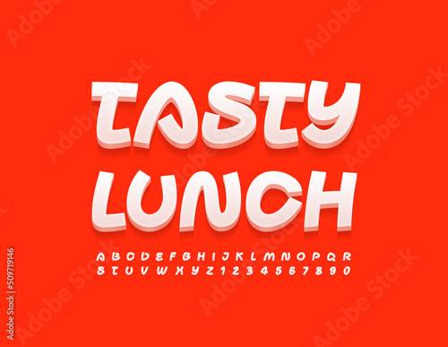 Vector marketing emblem Tasty Lunch with creative Font. Set of artistic Alphabet Letters and Numbers