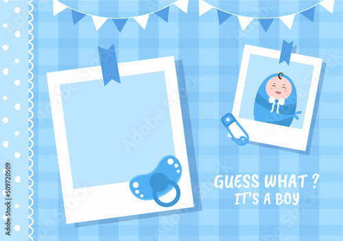 Birth Photo is it a Boy with a Baby Image and Blue Color Background Cartoon Illustration for Greeting Card or Signboard