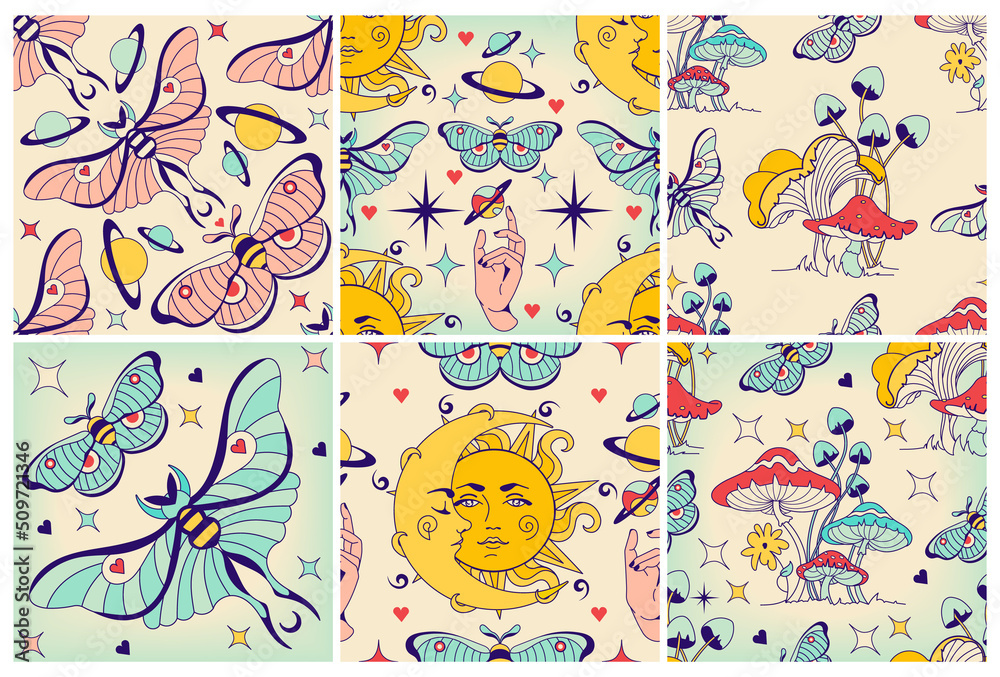Vintage sacred seamless patterns with celestial witchcraft elements: sun,  shrooms, moth, crescent moon. Retro miracle set. Backdrop for yoga, fabric  design, witchcraft digital or wrapping paper Stock Vector