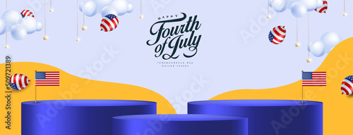 Independence day USA sale banner with product display cylindrical shape and american balloons