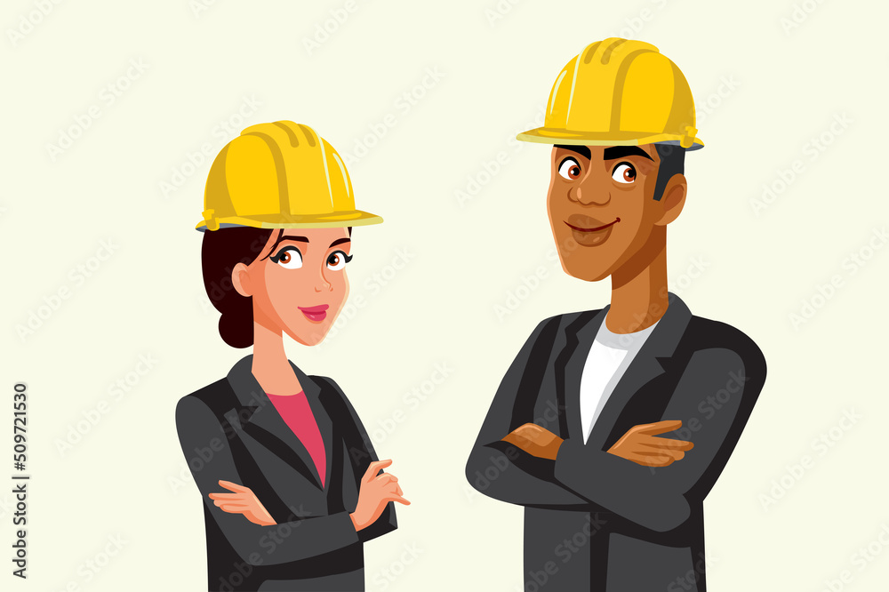 Team of Architects Standing with Arms Crossed Vector Cartoon Illustration. Couple of engineers supervising safety on a construction site 
 - obrazy, fototapety, plakaty 
