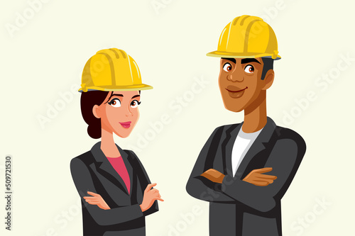 Team of Architects Standing with Arms Crossed Vector Cartoon Illustration. Couple of engineers supervising safety on a construction site 
