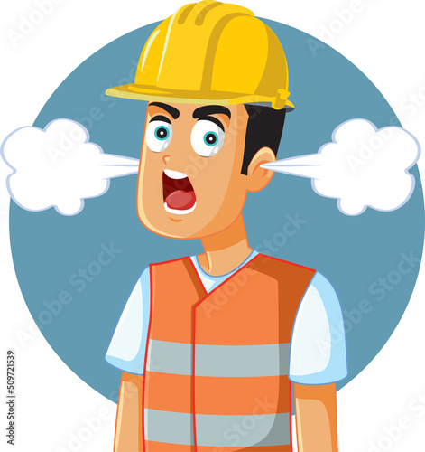 Smiling Construction Worker Vector Cartoon Character. Disgruntled laborer feeling angry shouting his complaints
