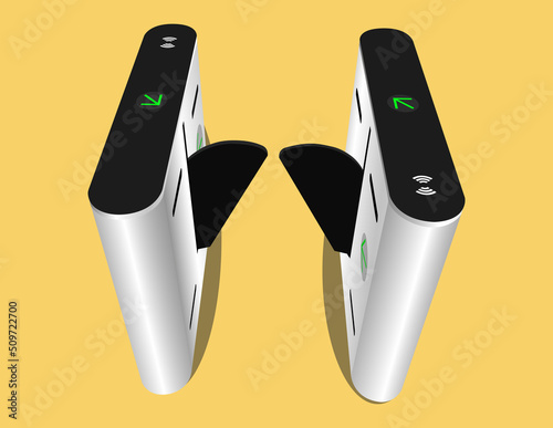 One way entrance, Flap gate barrier turnstile. security gates vector illustration