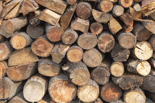 Closeup shot of a pile of cut firewood logs