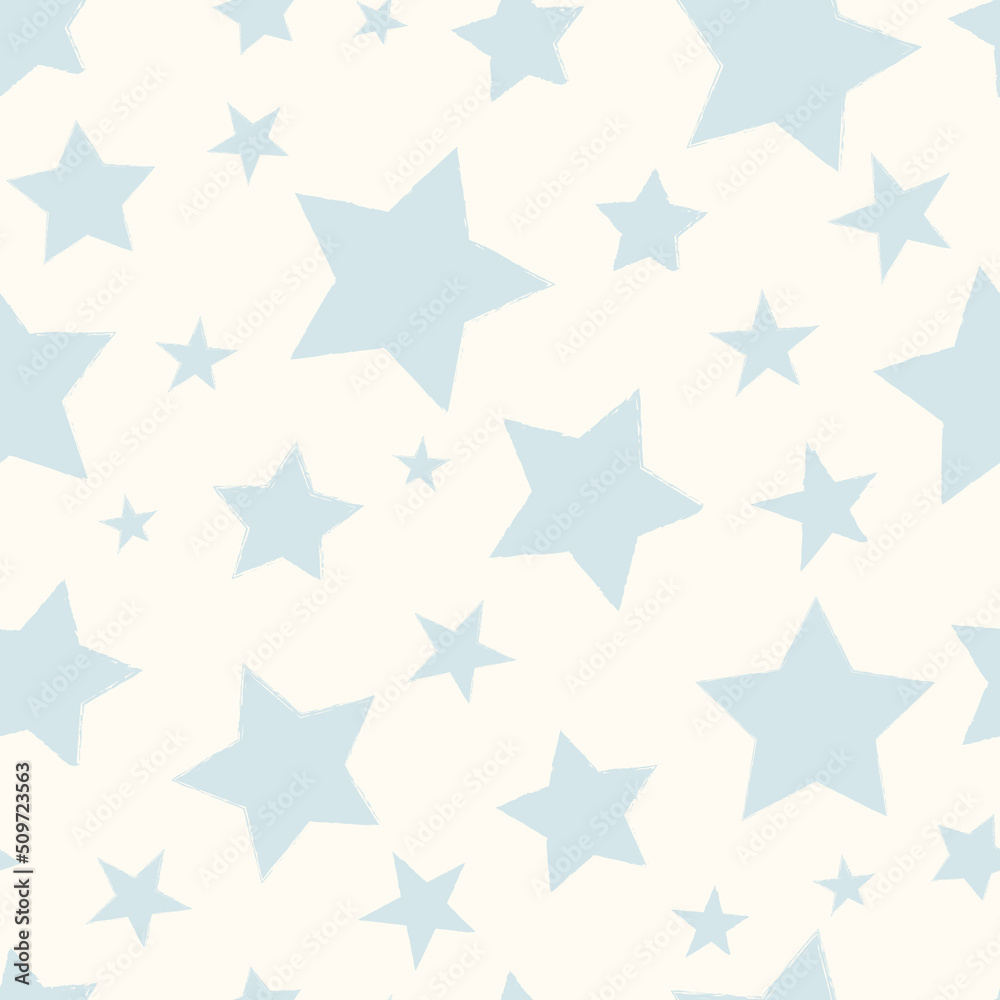 Soft blue vintage star seamless vector pattern. Light blue stars on a white cream background with an organic hand drawn rough texture. Cute repeat backdrop wallpaper surface print for baby and kids.