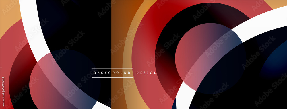 Abstract background with color geometric shapes. Beautiful minimal backdrop with round shapes circles and lines. Geometrical design. Vector illustration