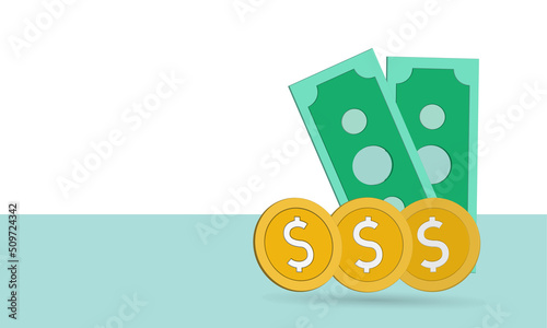 Coins and banknotes for buying and selling transactions and online shopping, financial theme
