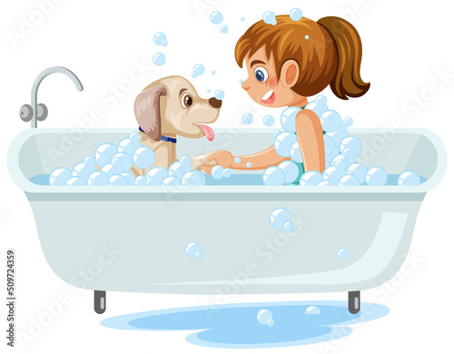 A girl taking a bath with a dog