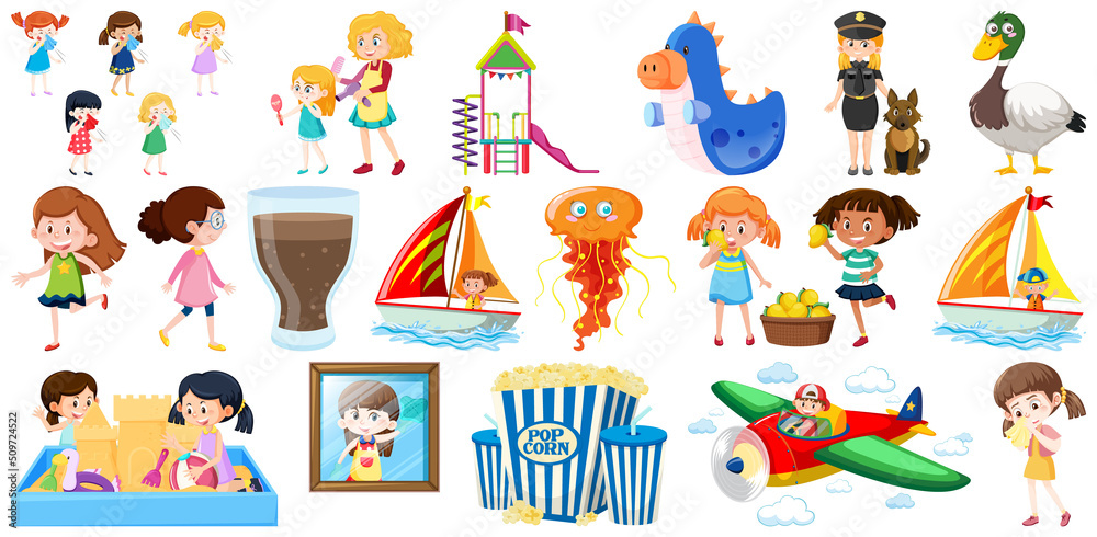 Set of different cute kids and objects