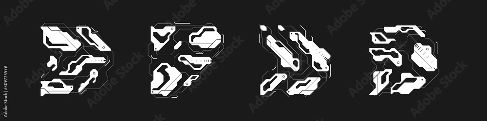 Set of cyberpunk arrows. Kit of futuristic interface cyber elements. Cyberpunk pointers, direction. Set of tech style arrows for design of game, poster, banner. Tech aesthetics. Vector
