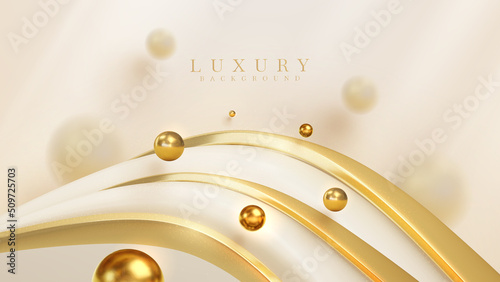 Luxury background with golden curve line element with ball decoration and blur effect and glitter light.