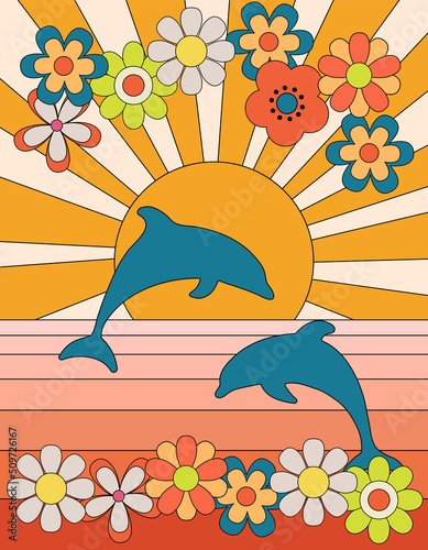 Groovy poster 70s style with sun and dolphins. Retro print with flowers daisy. Vector illustration with sunshine and sea