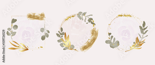Luxury botanical gold wedding frame elements on white background. Set of geometric shapes, glitters, eucalyptus, leaf branches. Elegant watercolor foliage for wedding, card, invitation, greeting.