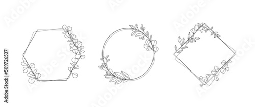 Minimal botanical wedding frame elements on white background. Set of geometric shapes, leaf branches, eucalyptus in hand drawn pattern. Foliage line art for wedding, card, invitation, greeting.