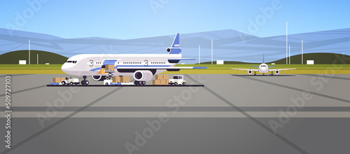 preparing aircraft before flight loading of baggage boarding airplane concept © mast3r